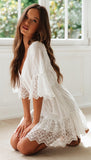 A Line Long Sleeve White Simple Lace Short Sexy Criss Cross Above Knee Homecoming Dress JS783