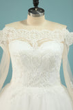 Long Sleeves Boat Neck A Line Tulle With Applique Wedding Dresses