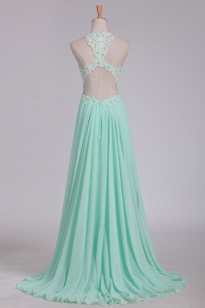 See-Through Scoop A Line Chiffon Prom Dresses With Applique Floor Length