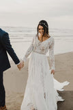 Charming A Line Long Sleeves V Neck Lace Ivory Beach Wedding Dresses, Bridal SJS15623