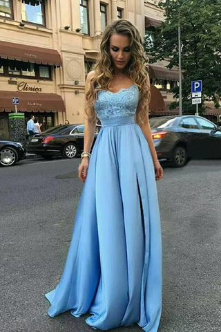 Prom Dresses A Line Sweetheart Satin With Applique And Slit