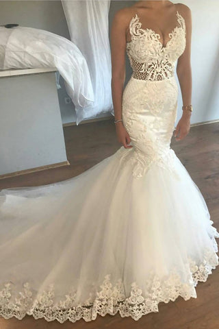 Sexy Mermaid/Trumpet Wedding Dresses Scoop Tulle With Applique Court Train