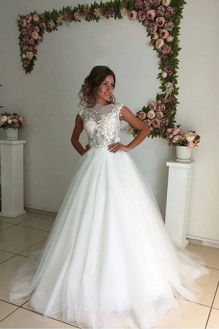Bateau A Line Wedding Dresses Tulle With Applique Sweep Train