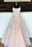 Princess Spaghetti Straps A Line Appliques Tulle Lace up Pink Prom Dresses SJS15305