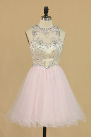 Scoop A-Line Homecoming Dresses Beaded Bodice Tulle Short/Mini