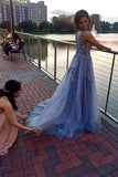 Unique Blue Tulle Appliques Beading Prom Dresses, Charming Formal Dresses SJS15456