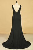 Plus Size Prom Dresses V-Neck Mermaid Court Train Spandex V-Back With Zipper Black