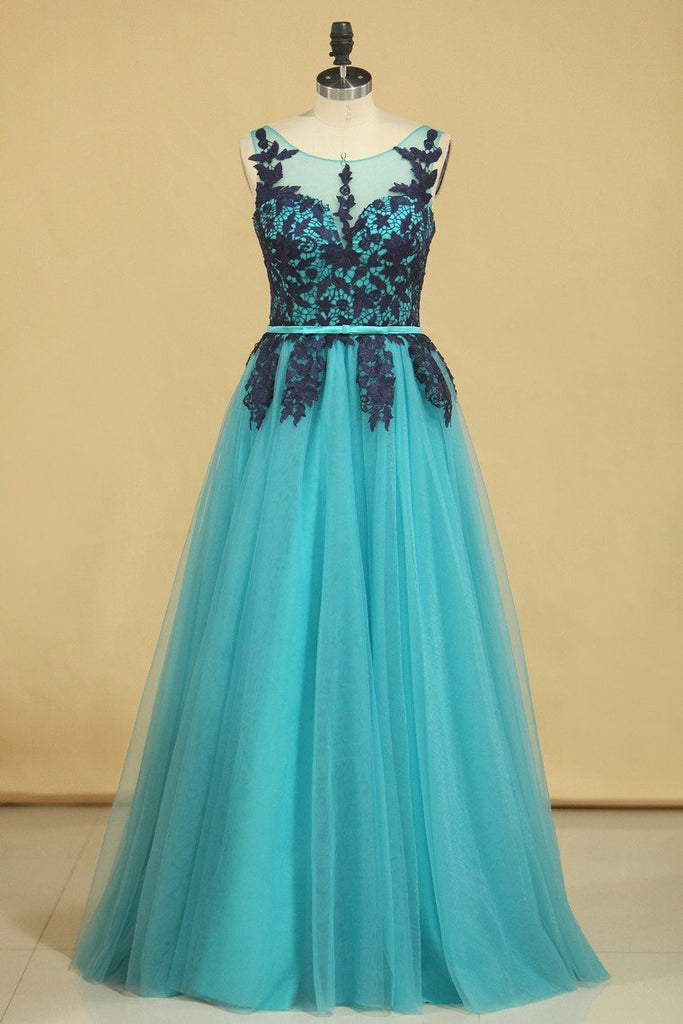 Hot Scoop Prom Dresses Tulle A Line With Applique And Sash