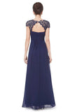 Elegant Lace Cap Sleeve Chiffon Evening Gowns Open Back Bateau Long Prom Dresses SJS15170