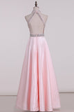 New Arrival High Neck Open Back A Line Satin With Beading Prom Dresses