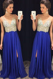 V Neck Prom Dresses A Line Chiffon With Beads And Slit