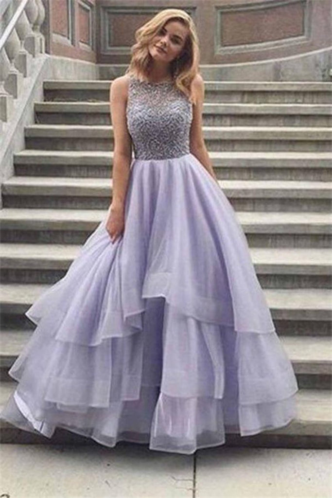 Floor Length Long Beading Tulle Open Back Prom Dresses Princess Dresses