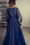 Charming A Line Long Sleeve Tulle Appliques Prom Dresses, Long Evening SJS20456