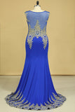 Dark Royal Blue Prom Dresses Scoop Mermaid With Applique Spandex Sweep Train Size 18W