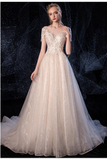 Ball Gown Tulle Wedding Dresses Short Sleeves Appliques Court Train