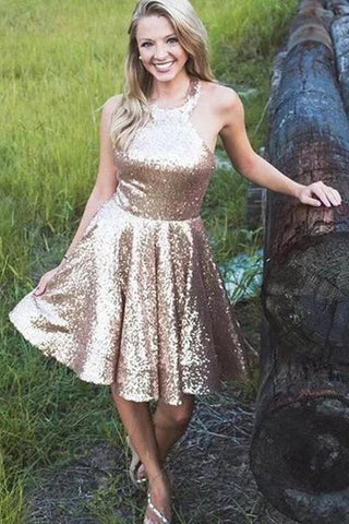Halter Sequin A Line Backless Short Homecoming Dresses Simple Prom Gowns SJS14977