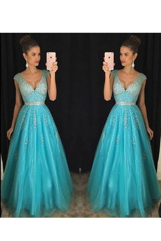 A Line V Neck With Beading Prom Dresses Floor Length Tulle