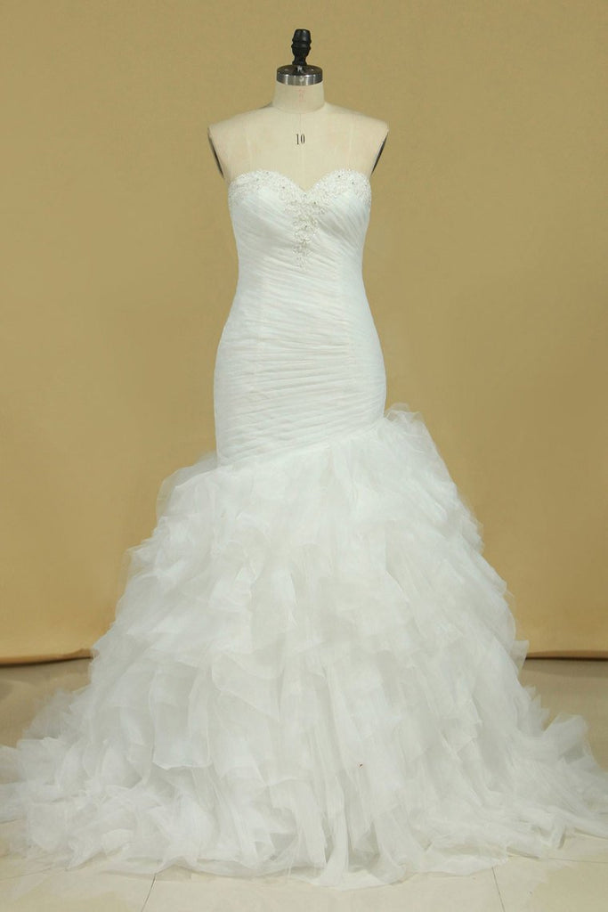 Plus Size Sweetheart Ruched Bodice Wedding Dresses Mermaid Tulle With Beading Court Train
