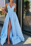A Line Blue Satin Long Prom Dresses, V Neck High Slit Formal Evening Dresses with Pockets SJS14992