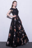Black Prom Dresses Scoop A-Line Floral Print Sexy Long Lace Prom Dress