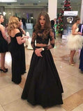Elegant Two Piece A-line Lace Long Sleeves Black Prom Dresses JS857