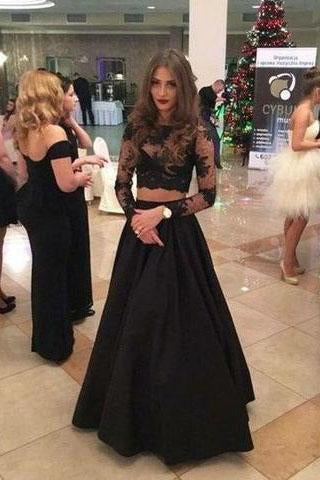 Elegant Two Piece A-line Lace Long Sleeves Black Prom Dresses JS857