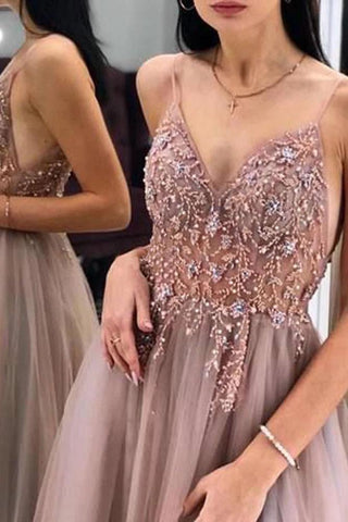 Gorgeous A-Line Spaghetti Straps V Neck Blush Tulle Prom Dresses, Cheap Evening Dresses SJS15235