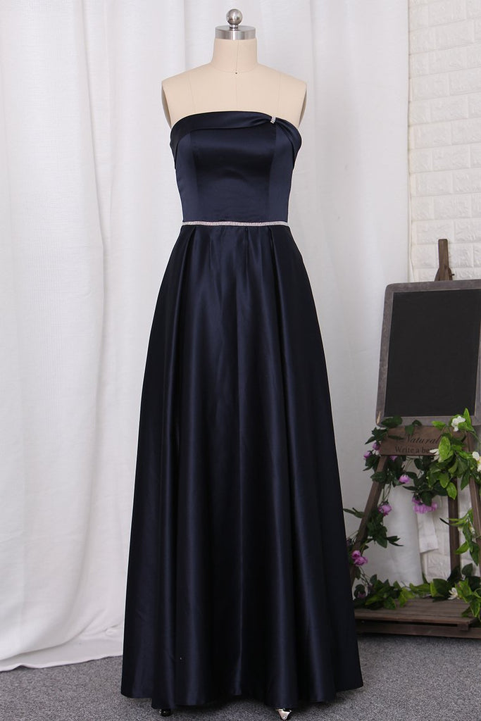 Strapless A Line Bridesmaid Dresses Satin With Beading Floor Length