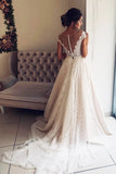 A Line Cap Sleeve Lace V Neck Chiffon Ivory Beads Wedding Dresses, Wedding Gowns SJS14996