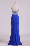 Spaghetti Straps Two Pieces Sheath Prom Dresses Spandex With Slit And Beads