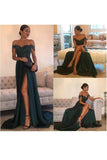A Line Off The Shoulder Prom Dresses Stretch Satin With Applique And Slit