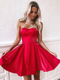 Simple Red Satin Sweetheart Strapless Homecoming Dresses Above Knee Short Prom Dresses SJS14982