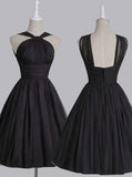 Vintage A-line Straps Knee-Length Chiffon Sash Backless Black Party Homecoming Dresses JS448