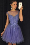 Stunning Bateau Cap Sleeves Short Lavender Homecoming Dress with Appliques Pearls JS449