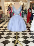 Dramatic V-neck Sleeveless Short Lavender Ball Gown Homecoming Dress Beaded JS451