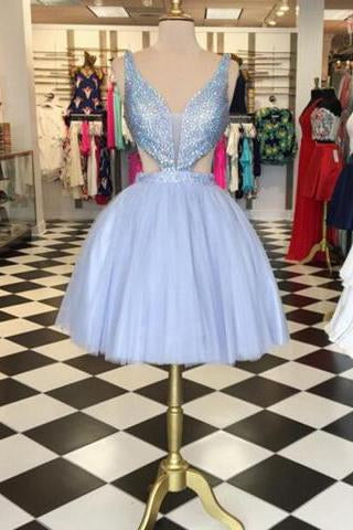 Dramatic V-neck Sleeveless Short Lavender Ball Gown Homecoming Dress Beaded JS451