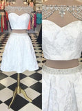 Trendy Two Piece Bateau Cap Sleeves Short White Homecoming Dress Beading Lace JS454