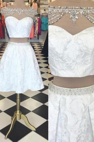 Trendy Two Piece Bateau Cap Sleeves Short White Homecoming Dress Beading Lace JS454