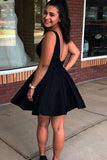 A-Line V-Neck Backless Black Satin Homecoming Dresses with Pockets