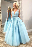 Elegant Light Sky Blue V Neck Tulle Prom Dress with Lace Appliques, Long Beads Formal Dress SJS15173