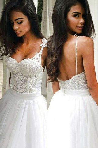Wedding Dresses Spaghetti Straps Tulle With Applique A Line Open Back