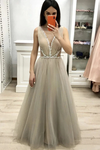 Deep V Neck Sleeveless Floor Length Prom Dress With Beading A Line Tulle Long SJSPDHY22YC