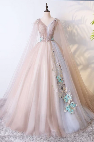 Ball Gown V Neck Tulle Prom Dress With Appliques, Unique Floor Length Quinceanera Dresses