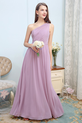 A-Line Sleeveless Floor Length Chiffon One Shoulder Bridesmaid Dresses