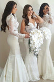 Long Sleeve Mermaid High Neck Ivory Bridesmaid Dress with Lace,Wedding Party SJS20486