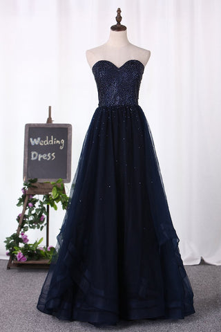 A Line Sweetheart Beaded Bodice Tulle Floor Length Prom Dresses