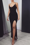 Sexy Black Mermaid Prom Dresses Long with Leg Slit, Spaghetti Straps Evening Dresses SJS15330