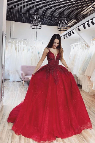 Burgundy Ball Gown V neck Spaghetti Straps Tulle Prom Dresses with Appliques SJS15083