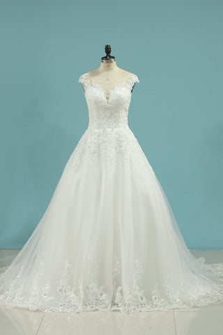 Cap Sleeve Wedding Dresses A Line Tulle With Applique