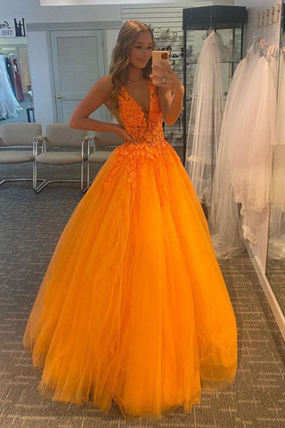 Orange V-Neck Tulle Lace A-Line Appliques Evening Dresses Long Prom Dresses